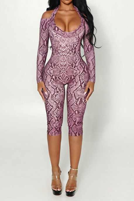 Snake-Print Halter Capri Jumpsuit