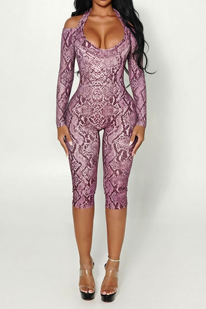Snake-Print Halter Capri Jumpsuit