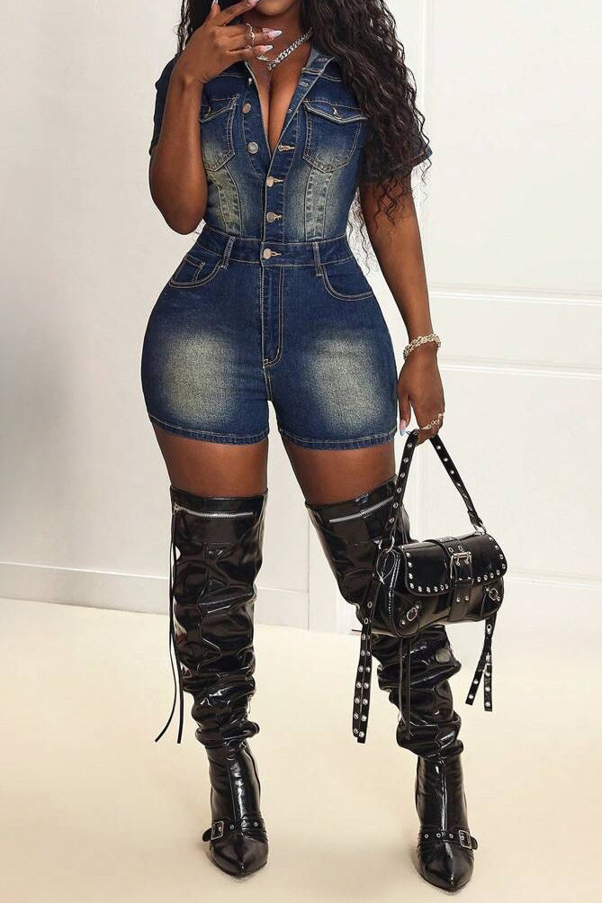 Short Sleeve Slim Fit Stretch Denim Romper