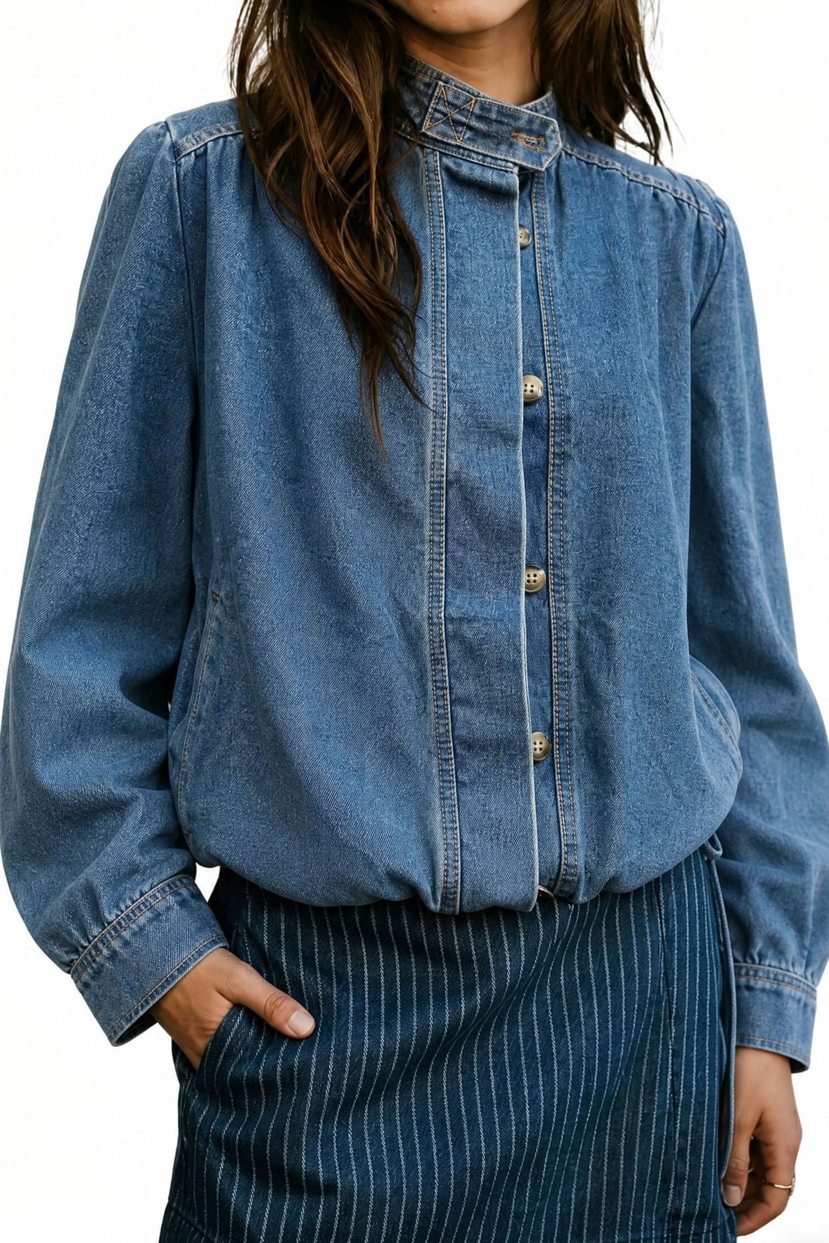 Puff-Sleeve Stand-Collar Denim Jacket