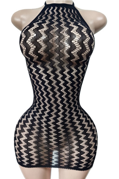 Sheer Zig-Zag Halter Bodycon Mini Dress