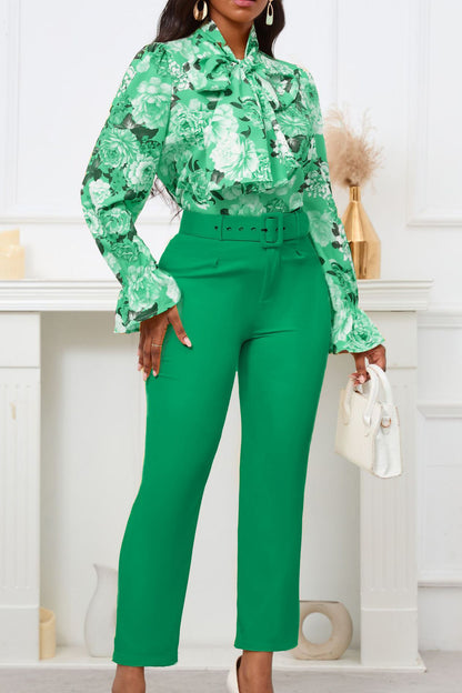 Floral Printing Blouse Solid Color Pants Set