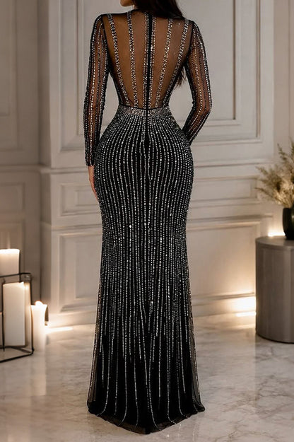 Rhinestone Mesh High Slit Maxi Dress