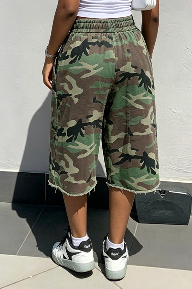 Baggy Drawstring Raw Hem Camo Shorts