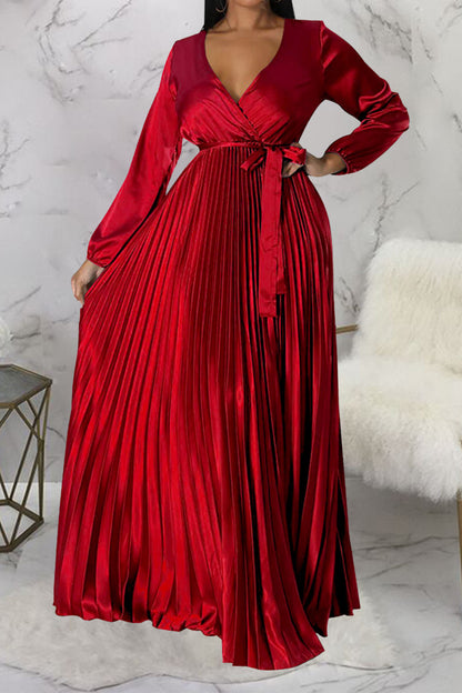 Faux Silk Pleated Tie-Waist Maxi Dress