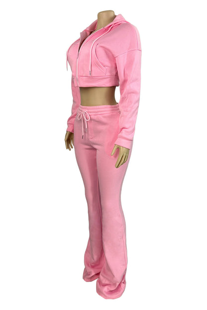 Fleece Hoodie Zip Jacket and Flare Pants Set