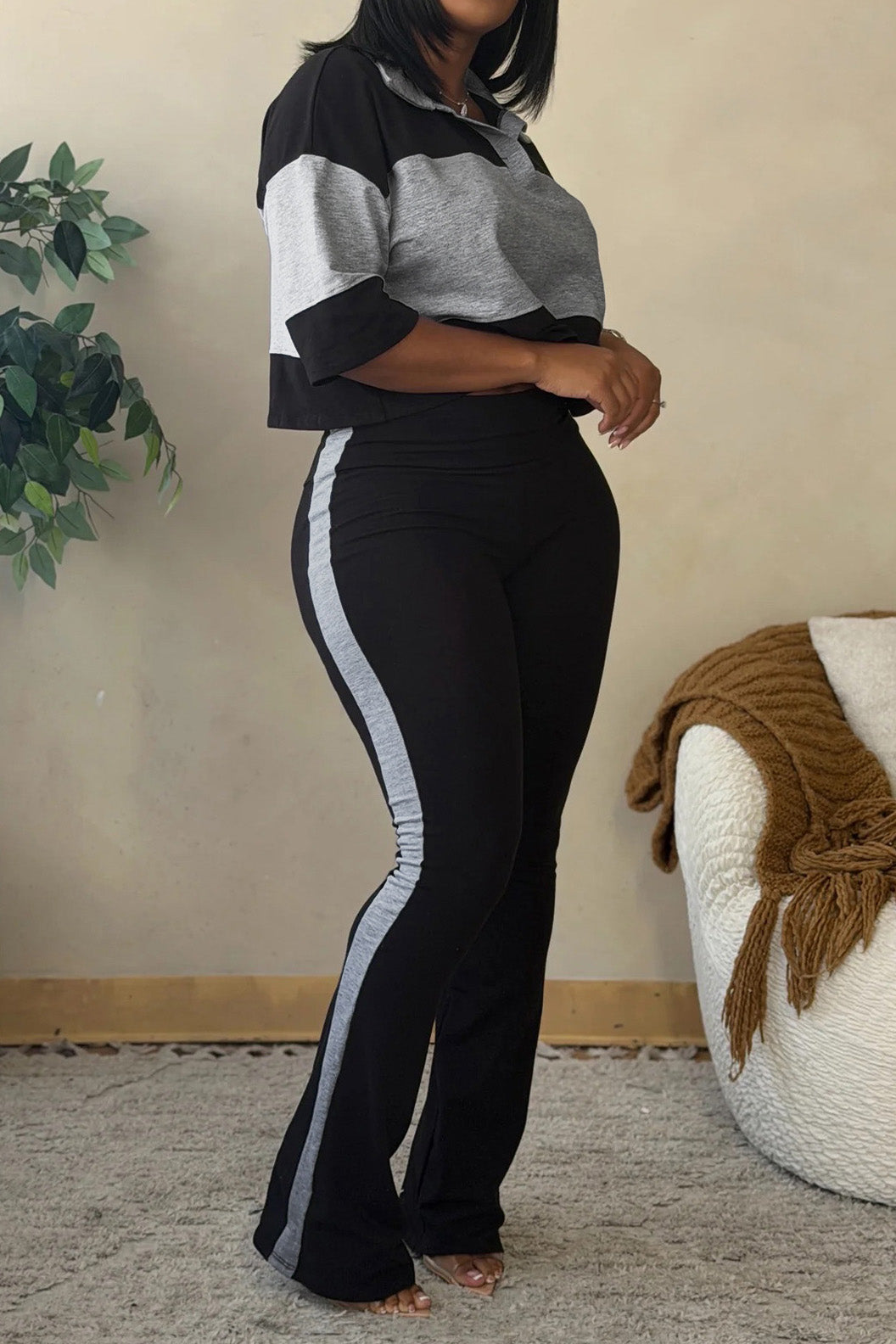 Collared Top & Flare Pants Two-Piece Set