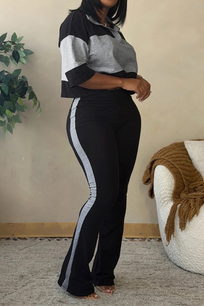 Collared Top & Flare Pants Two-Piece Set