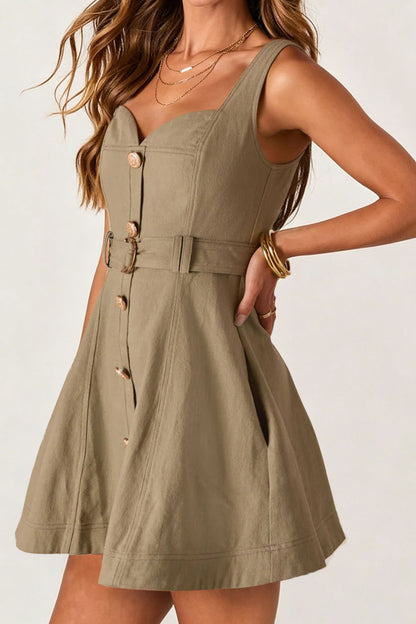 Belted Button-Front A-Line Dress