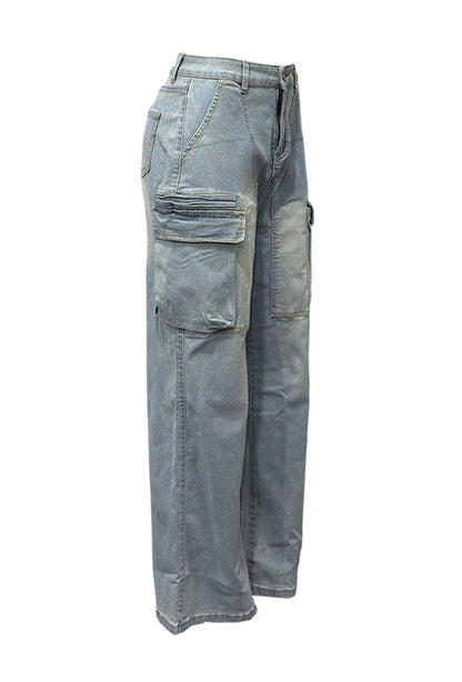 High-Rise Cargo Wide-Leg Utility Denim Jeans