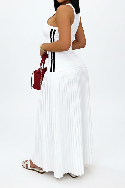 Sporty Contrast-Stripe Pleated Maxi Dress