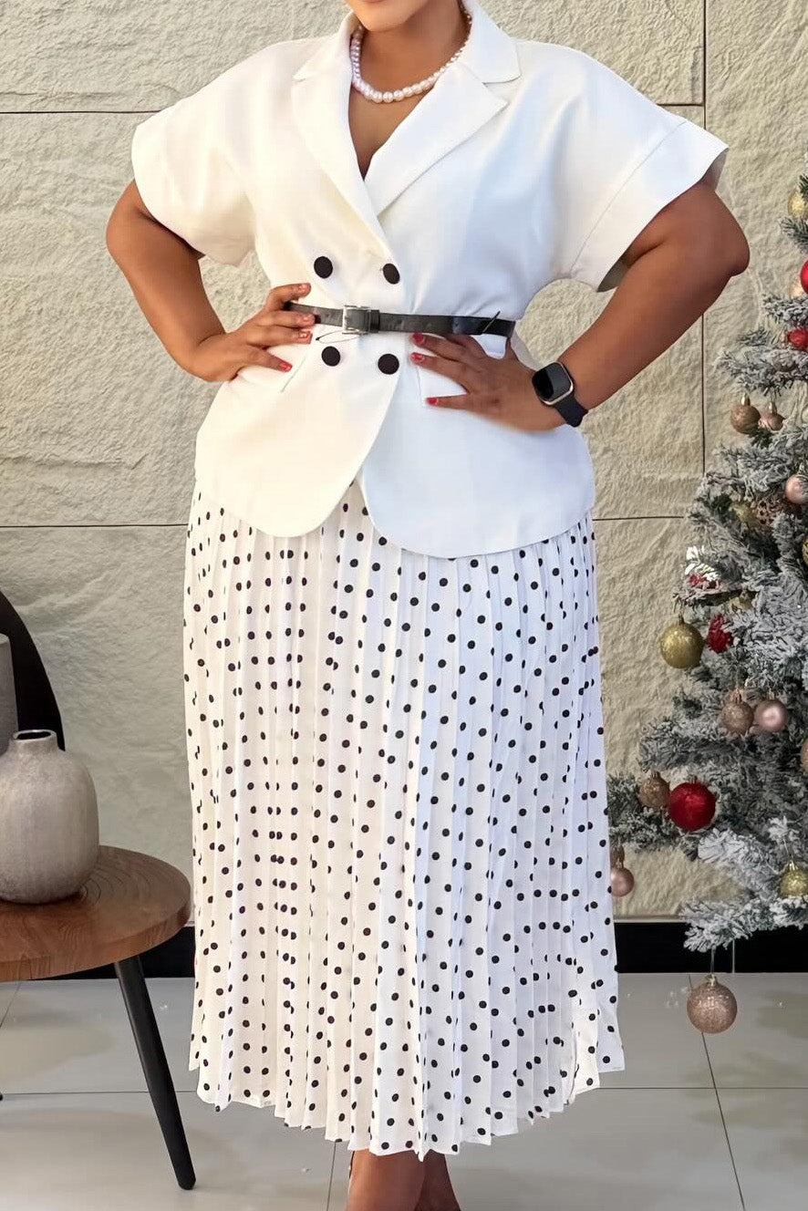 Belted Blazer & Pleated Polka Dot Skirt Set