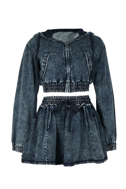 Hooded Denim Jacket & Skirt Set