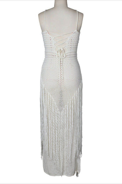Boho Crochet Cutout Fringe Maxi Dress