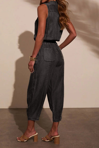 Sleeveless Drawstring Denim Utility Jumpsuit
