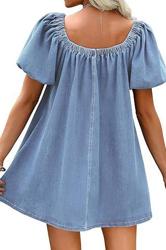 Bubble Sleeve Square Neck Denim Babydoll Dress