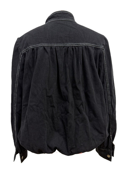 Puff-Sleeve Stand-Collar Denim Jacket
