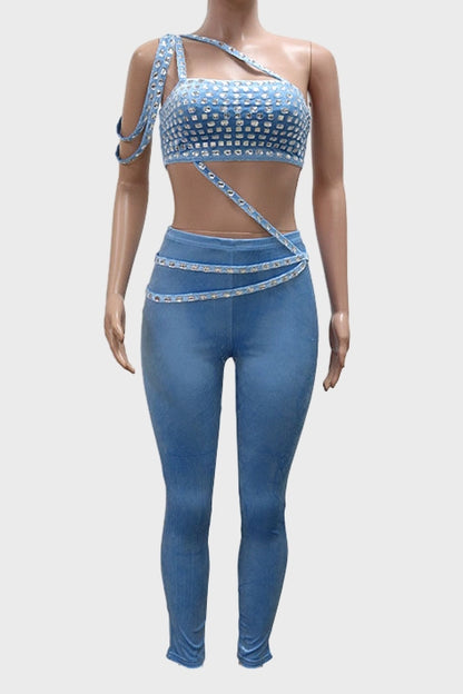 Rhinestone One Shoulder Crop Top Pants Set