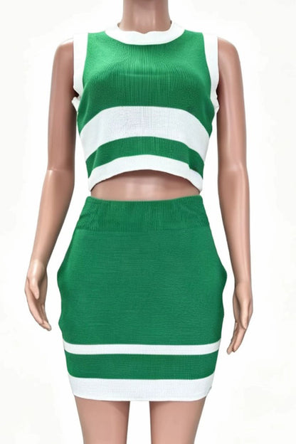 Ribbed Knit Colorblock Crop Top & Mini Skirt Set