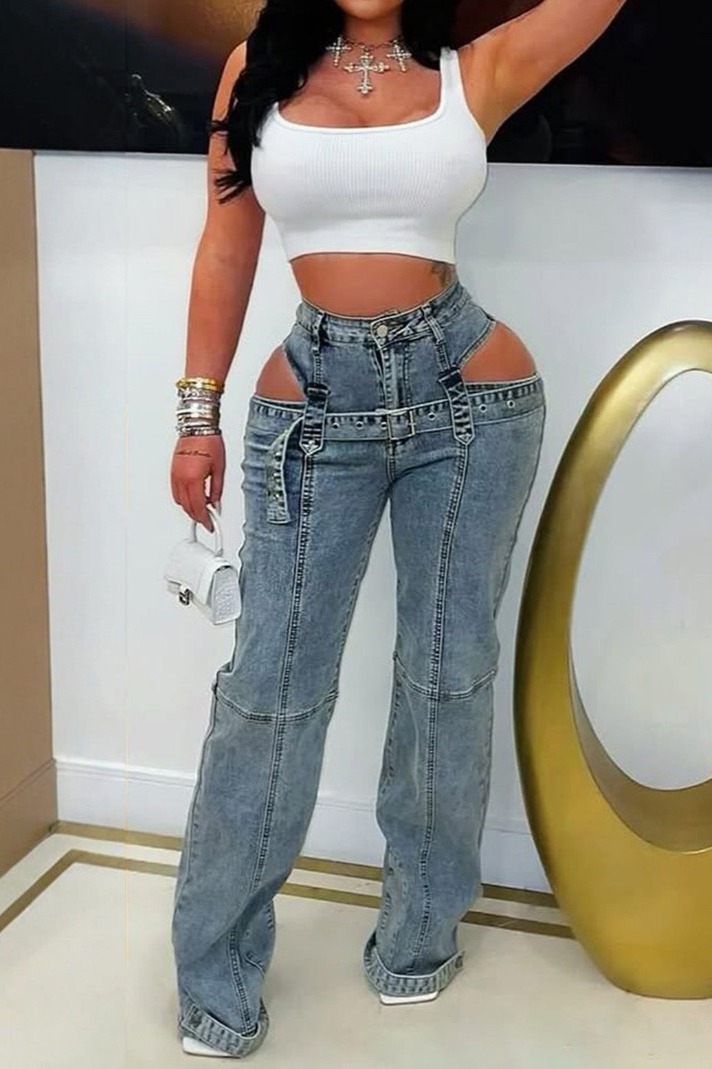 High Waist Studded Casual Denim Jeans