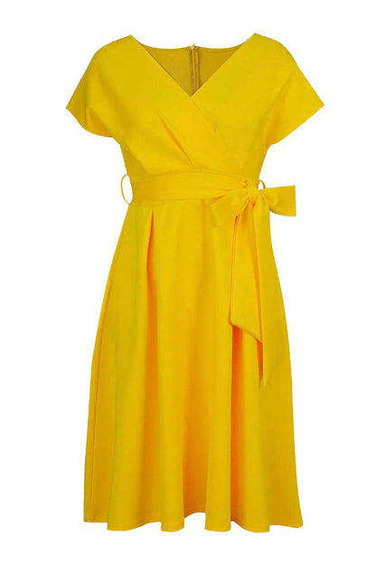 Solid Color Belted Bow Tie Waist Dress