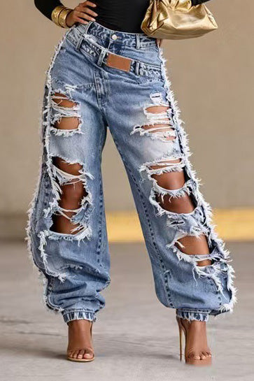 Distressed Crossover Baggy Jeans