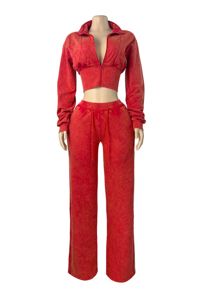Washed Cropped Zip Jacket Wide Leg Pants Set