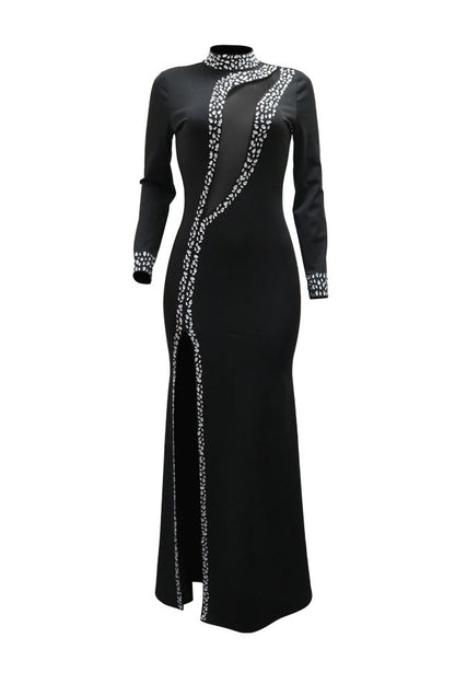 Rhinestone Embellished Mesh Illusion High Slit Maxi Dress