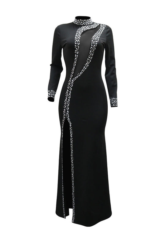Rhinestone Embellished Mesh Illusion High Slit Maxi Dress