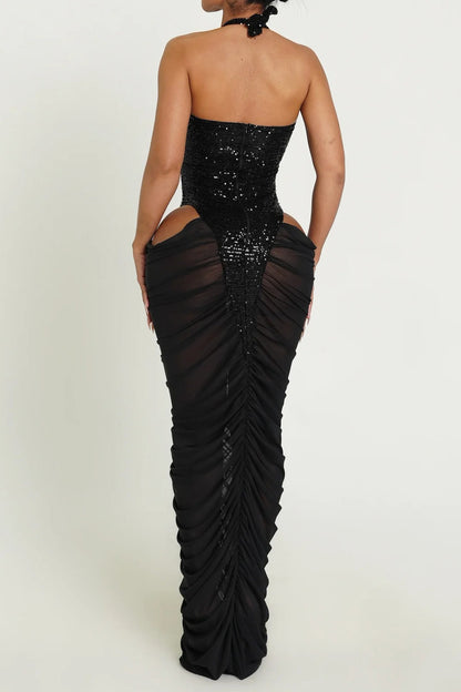 Sequin Halter Slit Mesh Pleated Maxi Dress