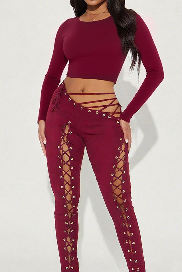 Long Sleeve Crop Top and Lace-Up Pants Set