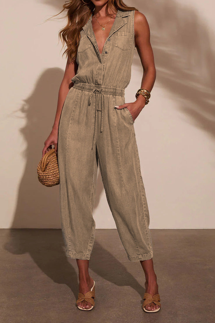 Sleeveless Drawstring Denim Utility Jumpsuit