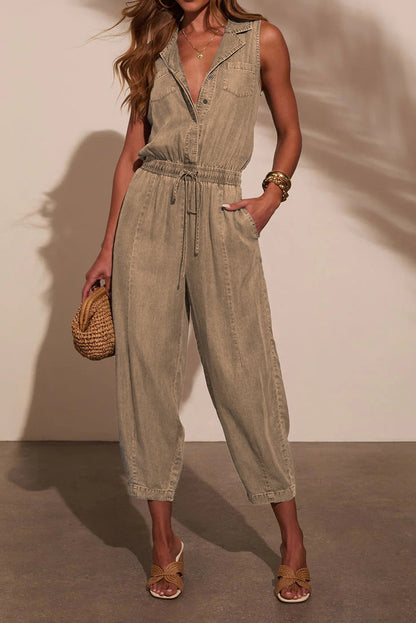 Sleeveless Drawstring Denim Utility Jumpsuit