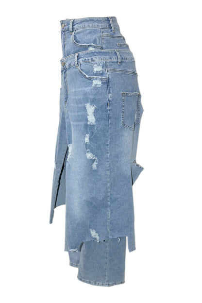 Double-Waistband Asymmetric Distressed Jeans