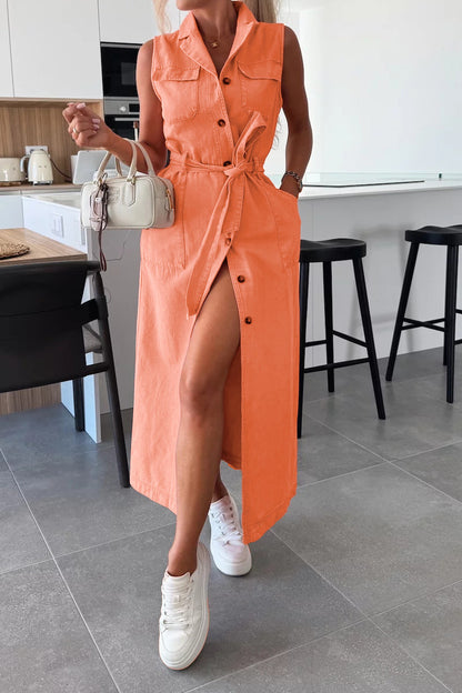 Sleeveless Belted Utility Maxi Shirt Dress