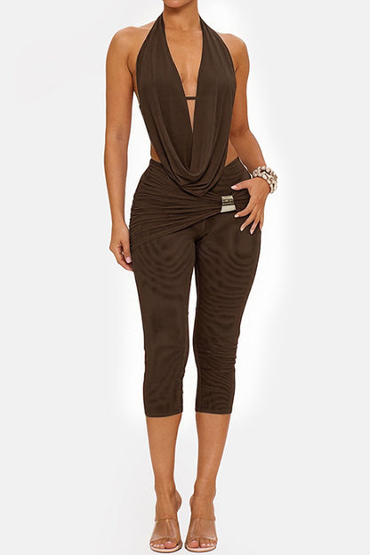 Draped Halter & Sheer Mesh Capri Set