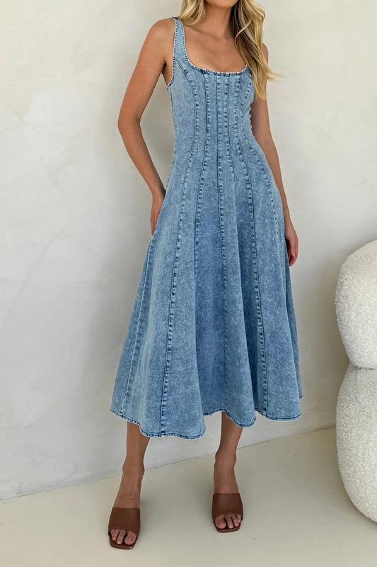 Sleeveless Backless Strappy Denim Maxi Dress