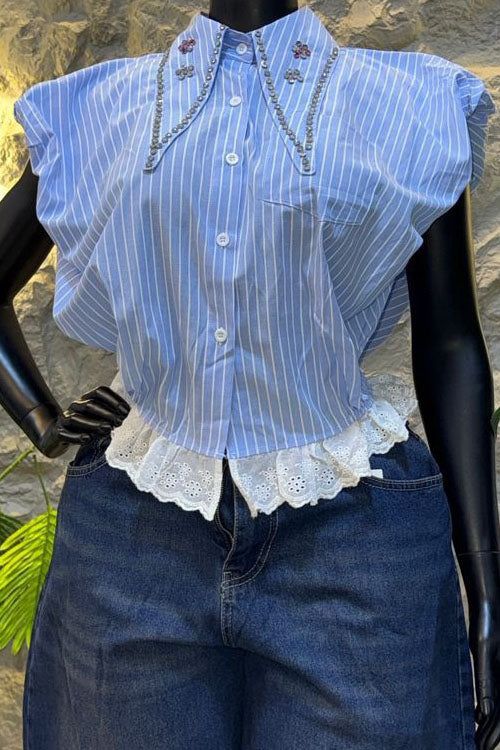 Embellished Collar Striped Blouse