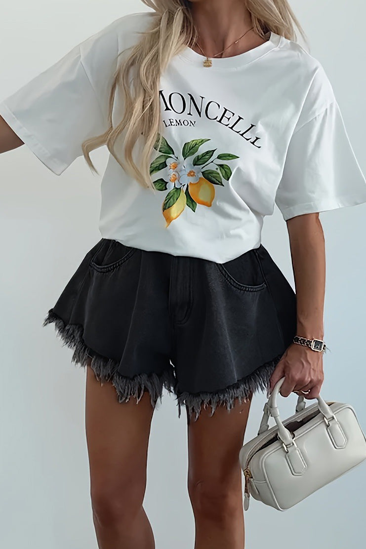 High Rise Flared Raw Hem Denim Shorts