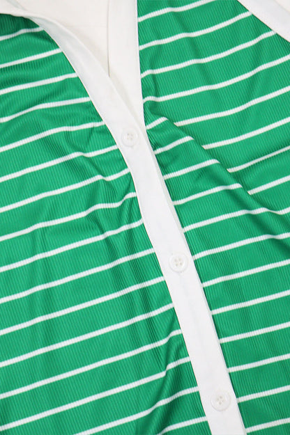 Striped Polo Collar Button-Front Top & Shorts Set