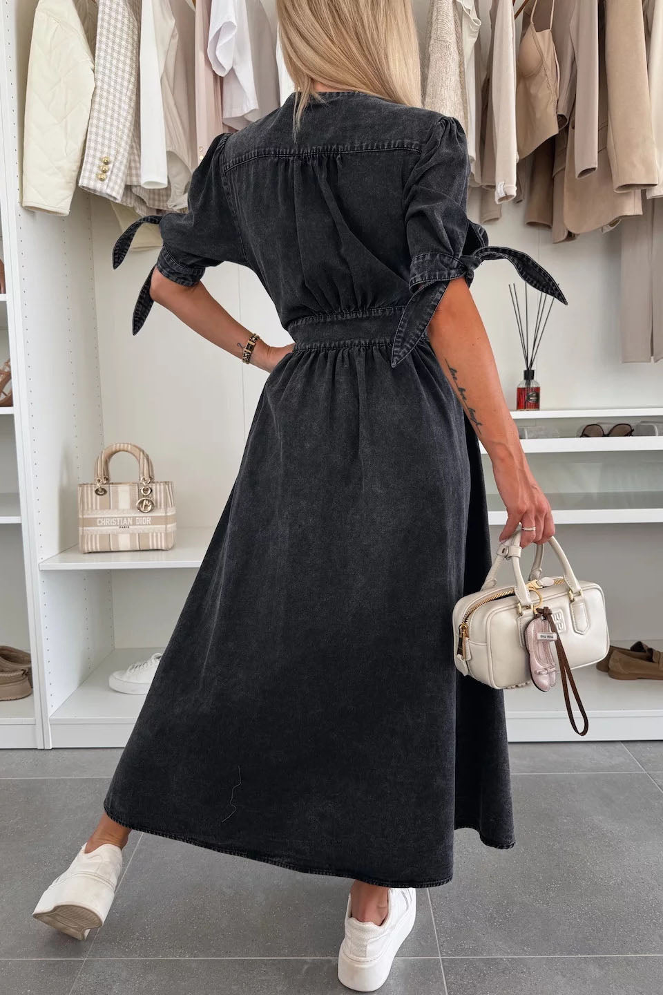 Single-Breasted V-Neck Denim Dress