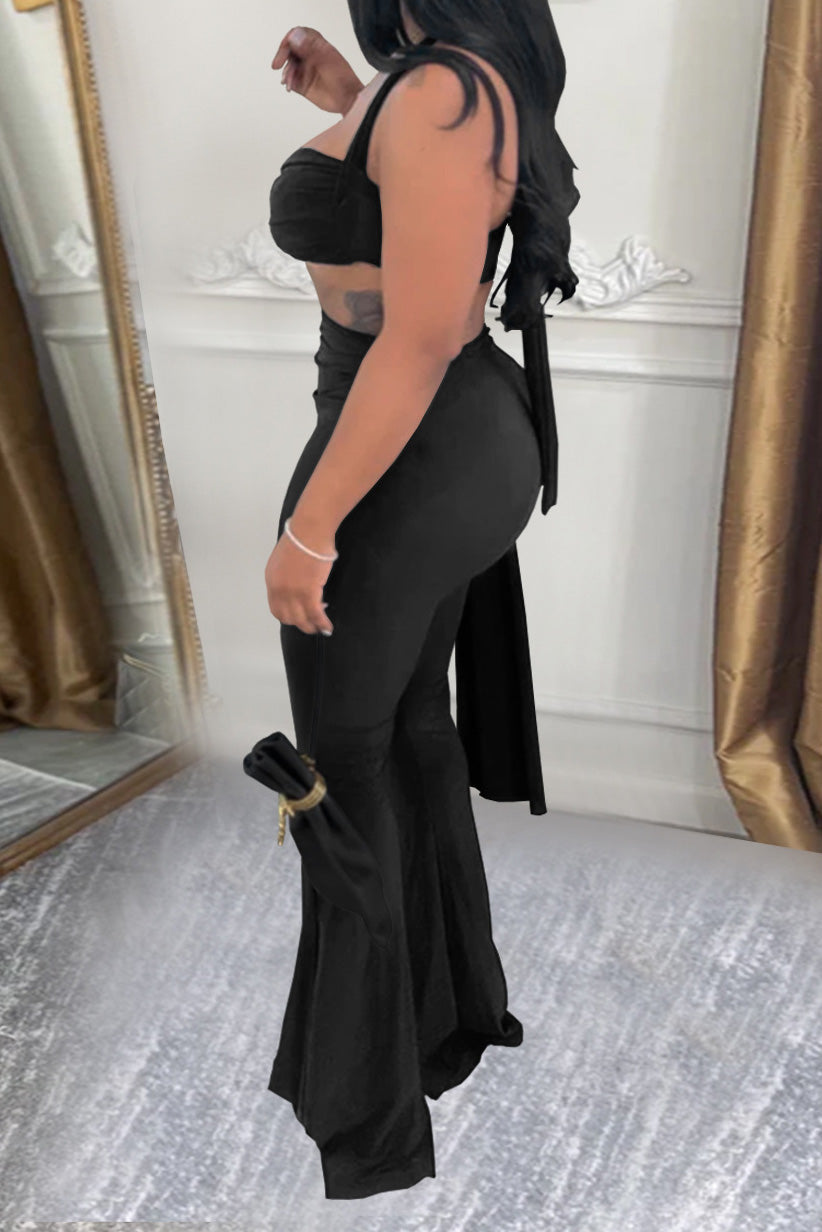 Twist-Front Halter Top & Drape Flare Pant Set
