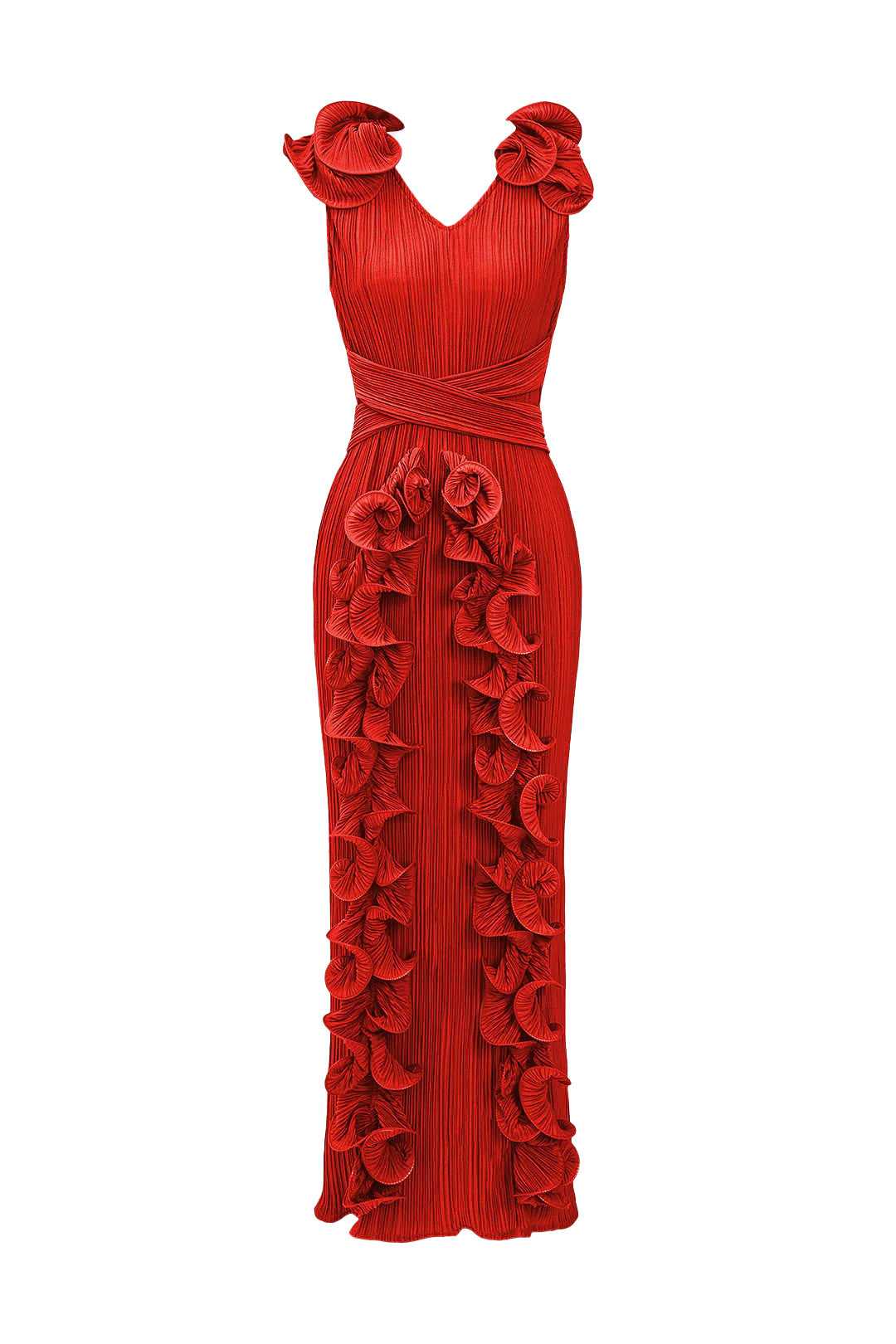 Ruffle 3D Floral V Neck Midi Dress