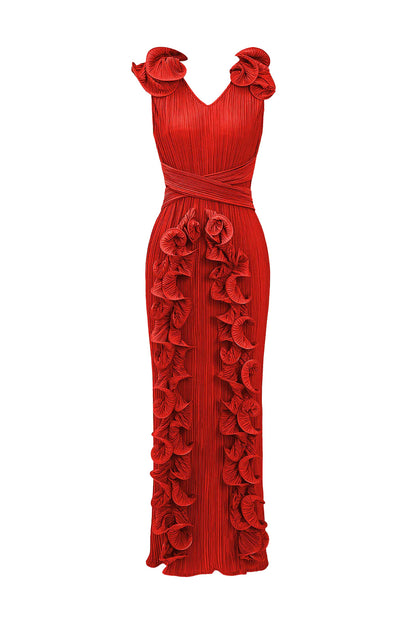 Ruffle 3D Floral V Neck Midi Dress