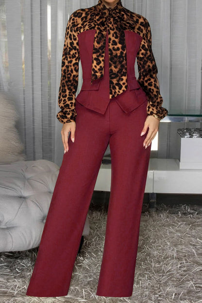 Leopard Print Tie-Neck Tailored Top & Wide Leg Pant Set