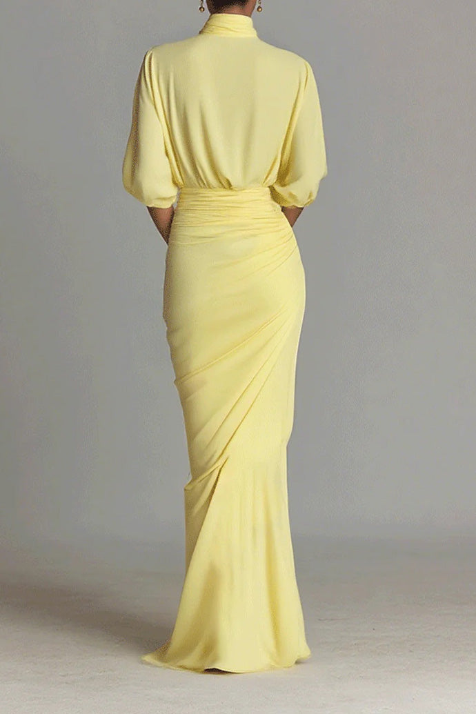 High Neck Half Sleeve Pleated Maxi Dress