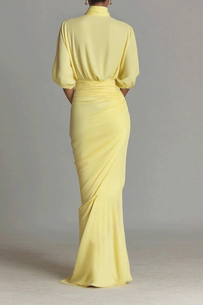 High Neck Half Sleeve Pleated Maxi Dress