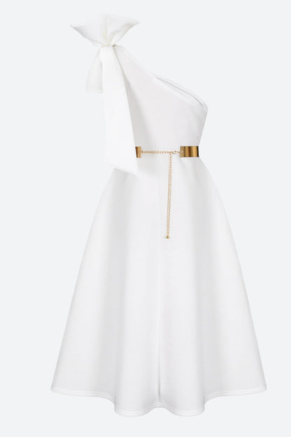 Single Shoulder Bow Detail Flare Midi Dress