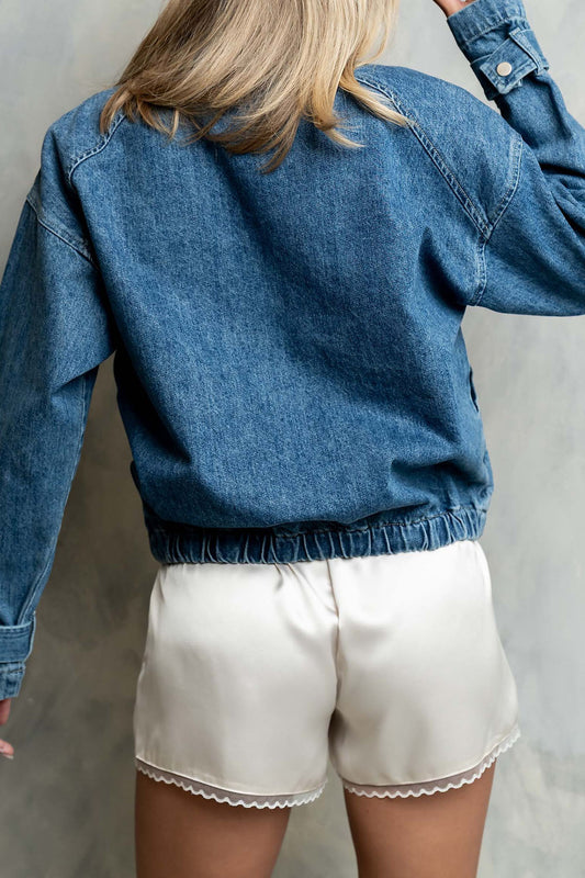 High-Collar Half-Zip Denim Pullover Jacket