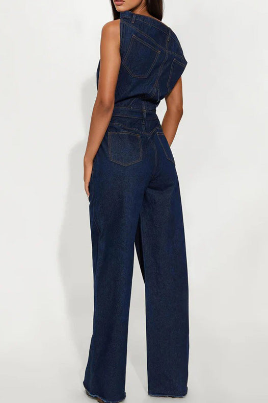 Strapless Off-Shoulder Fitted Denim Jumpsuit